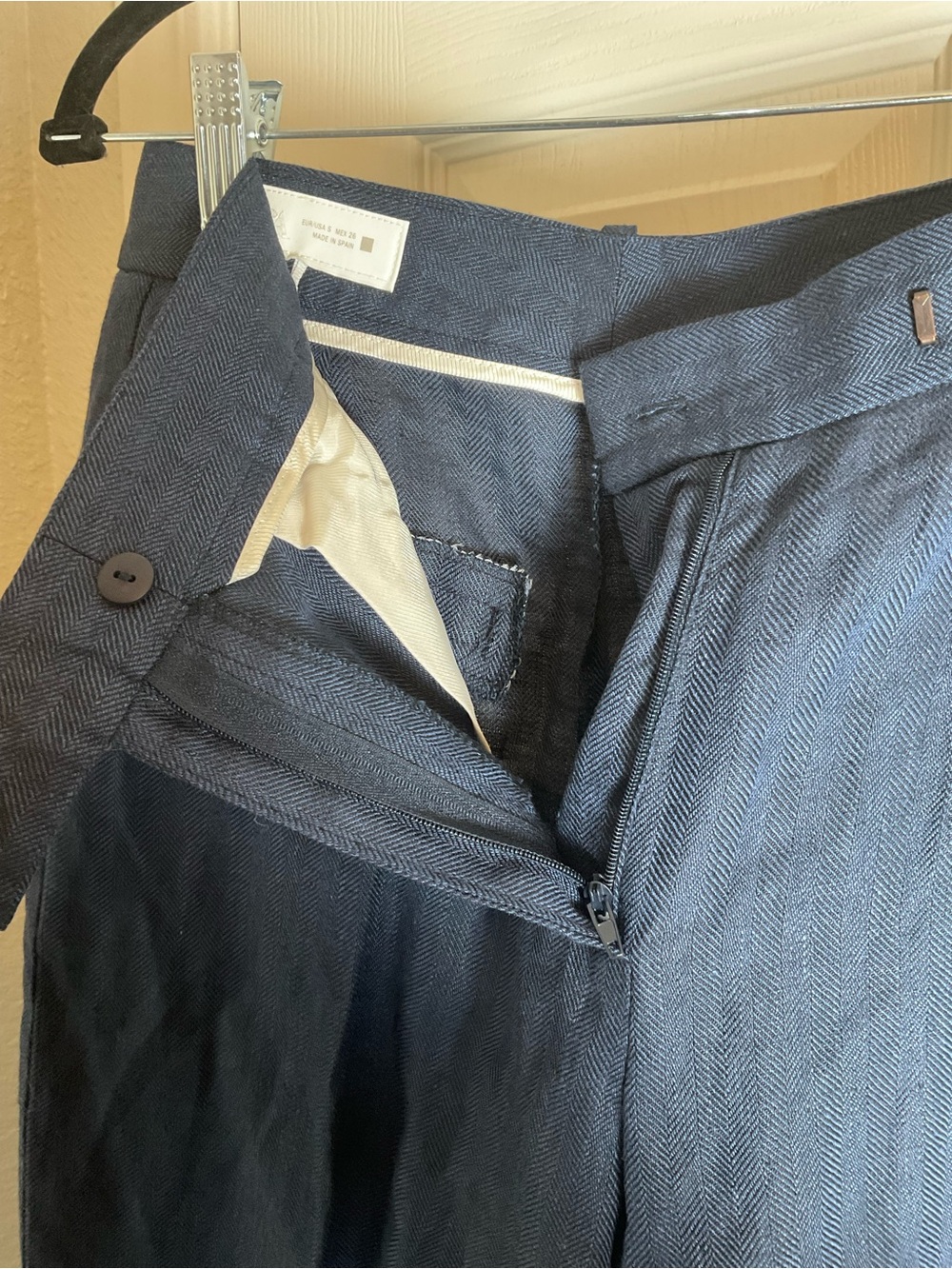Zara Navy Blue Herringbone Linen Wide Leg Pants S - Picture 6 of 11